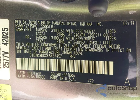 2014 Toyota Sienna L V6 7 Passenger from USA, damaged, VIN 5TDZK3DCXES457457